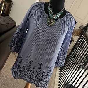 Blue and white Embroidered Women's Top by Calessa..